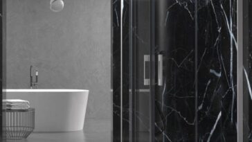 Plato de
  ducha resina textura pizarra. Efecto en Mármol Negro Marquina y otros
  acabados - antideslizante STONE 3D moderno