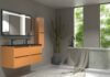 Mueble
  de baño suspendido 4 cajones CLAIRE con lavabo 2 senos Solid Surface AMARILLO
  PASTEL