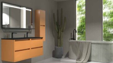 Mueble
  de baño suspendido 4 cajones CLAIRE con lavabo 2 senos Solid Surface AMARILLO
  PASTEL