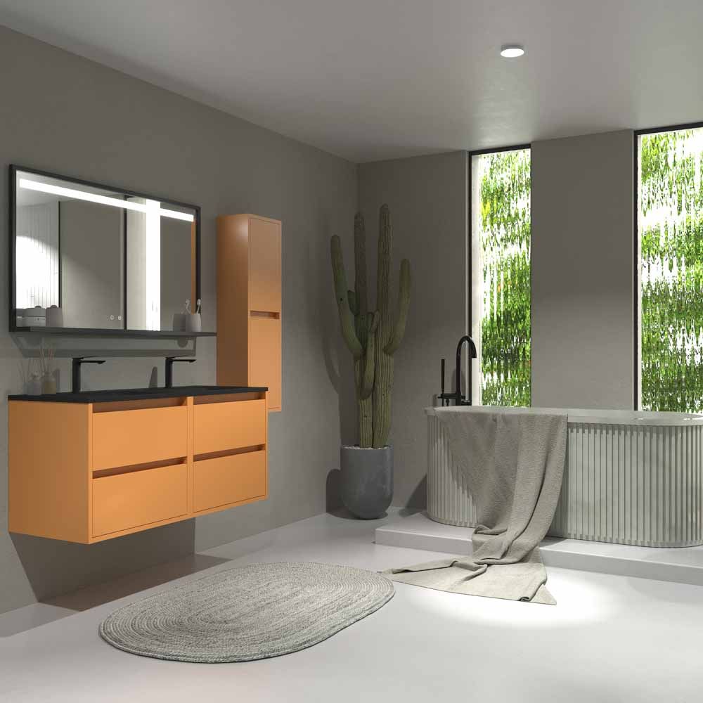 Mueble
de baño suspendido 4 cajones CLAIRE con lavabo 2 senos Solid Surface AMARILLO
PASTEL