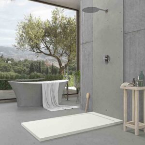Plato ducha de resina enmarcado URBANSTONE Blanco RAL 9003 textura pizarra antibacteriano y antideslizante. Colores a elegir. Rejilla oculta