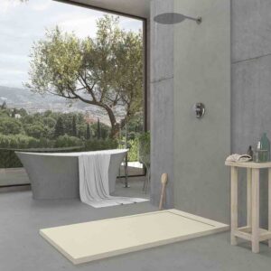 Plato ducha de resina enmarcado URBANSTONE Crema RAL 1013 textura pizarra antibacteriano y antideslizante. Colores a elegir. Rejilla oculta.