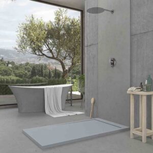 Plato ducha de resina enmarcado URBANSTONE Gris Cemento RAL 7005 textura pizarra antibacteriano y antideslizante. Colores a elegir. Rejilla oculta.