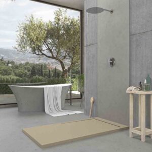 Plato ducha de resina enmarcado URBANSTONE Moka RAL 1019 textura pizarra antibacteriano y antideslizante. Colores a elegir. Rejilla oculta