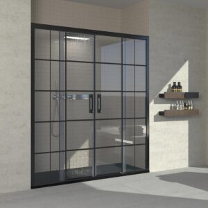 Mampara de ducha frontal FLARE 2 fijos -2 puertas correderas decorado industrial. Sin perfil inferior. Con tratamiento anti-cal. Acabado NEGRO MATE