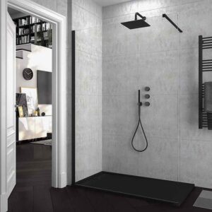 Fijo de
  ducha mampara ZEN perfil Negro mate - Vidrio 8 MM con tratamiento anti-cal
  incluido- Brazo sujeción acero extensible.