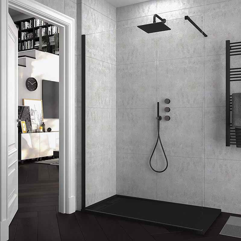 Fijo de
ducha mampara ZEN perfil Negro mate - Vidrio 8 MM con tratamiento anti-cal
incluido- Brazo sujeción acero extensible.