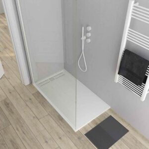 Fijo de ducha mampara ZEN perfil Blanco mate - Vidrio 8 MM con tratamiento anti-cal incluido- Brazo sujección acero inox. extensible.