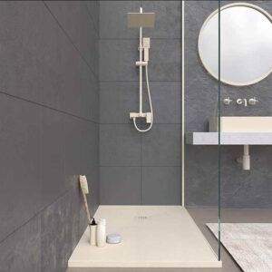 Plato ducha resina ONE Crema RAL 1013 y otros colores exclusivos con textura pizarra antibacteriano y antideslizante. Rejilla inox