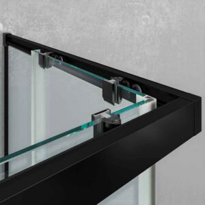 Mampara de ducha cuadrada BASIC apertura angular 2 fijos-2 puertas correderas. Sin perfil inferior. Con tratamiento anti-cal.Acabado NEGRO MATE