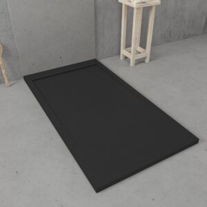 Plato ducha de resina enmarcado URBANSTONE Negro RAL 9005 textura pizarra antibacteriano y antideslizante. Colores a elegir. Rejilla oculta