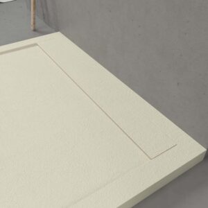 Plato ducha de resina enmarcado URBANSTONE Crema RAL 1013 textura pizarra antibacteriano y antideslizante. Colores a elegir. Rejilla oculta.