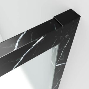 Mampara de ducha rectangular FLARE apertura angular 2 fijos-2 puertas correderas. Sin perfil inferior. Acabado efecto mármol. NEGRO MARQUINA