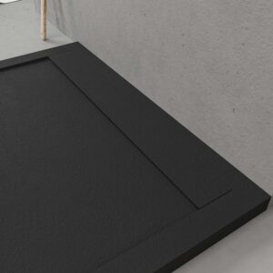 Plato ducha de resina enmarcado URBANSTONE Negro RAL 9005 textura pizarra antibacteriano y antideslizante. Colores a elegir. Rejilla oculta