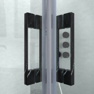 Mampara de ducha rectangular FLARE apertura angular 2 fijos-2 puertas correderas. Sin perfil inferior. Acabado efecto mármol. NEGRO MARQUINA