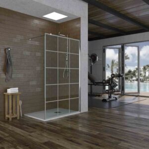 Mampara de ducha ZEN fija decorado industrial- vidrio 8MM - Tratamiento anti-cal incluido - Incluye brazo de seguridad. TALOS