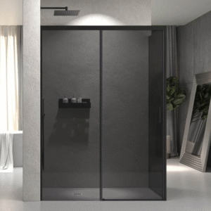Mampara de ducha NOVUM rectangular 1 fijo - 1 puerta corredera + 1 fijo vidrio 6 mm.  Parsol gris ACERO INOXIDABLE Gun metal