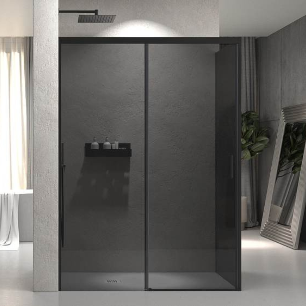 Mampara de ducha NOVUM rectangular 1 fijo - 1 puerta corredera + 1 fijo vidrio 6 mm. Parsol gris ACERO INOXIDABLE Gun metal - Imagen 8