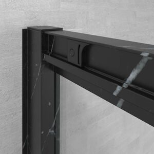 Mampara de ducha rectangular FLARE apertura angular 2 fijos-2 puertas correderas. Sin perfil inferior. Acabado efecto mármol. NEGRO MARQUINA