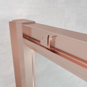 Mampara de ducha rectangular FLARE apertura angular 2 fijos-2 puertas correderas. Sin perfil inferior. Con tratamiento anti-cal. Acabado ORO ROSA