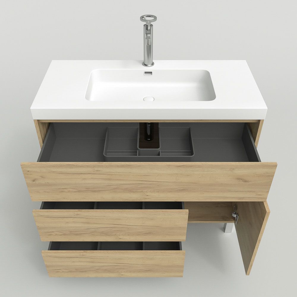 Mueble de baño con patas 3 cajones / 1 puerta CARMEN acabado ROBLE CLARO - Imagen 7