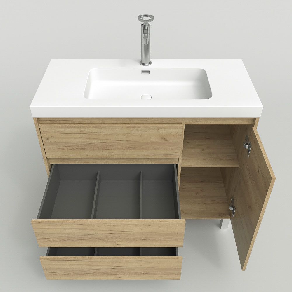 Mueble de baño con patas 3 cajones / 1 puerta superior CARMEN acabado ROBLE CLARO - Imagen 5