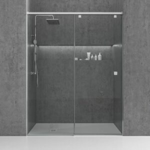 Mampara de ducha frontal LIFE 1 fijo + 1 puerta corredera vidrio 8 mm con cierre amortiguado. Acabado CROMO BRILLO