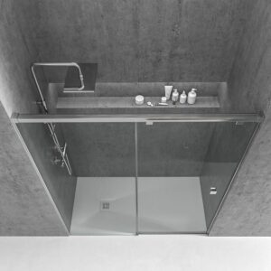 Mampara de ducha frontal LIFE 1 fijo + 1 puerta corredera vidrio 8 mm con cierre amortiguado. Acabado CROMO BRILLO