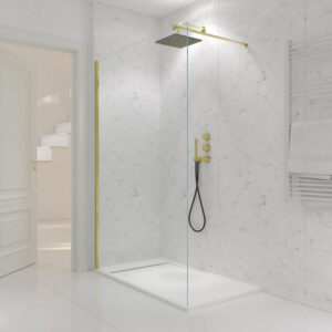 Fijo de ducha mampara ZEN perfil Oro Mate- Vidrio 8 MM con tratamiento anti-cal incluido- Brazo sujección acero inox. extensible