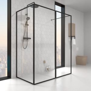 Fijo de
  ducha LINE con perfilería enmarcada 3 cuerpos - Vidrio 4 MM con tratamiento
  anti-cal incluido- Brazo sujeción acero inox