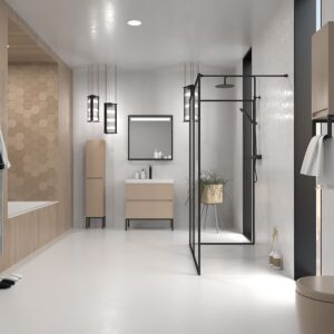 Fijo de
  ducha LINE con perfilería enmarcada 3 cuerpos - Vidrio 4 MM con tratamiento
  anti-cal incluido- Brazo sujeción acero inox