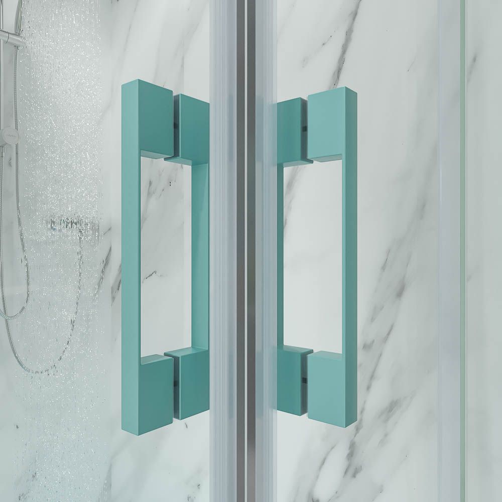 Mampara de ducha rectangular LINEA apertura angular 2 fijos-2 puertas correderas. Sin perfil inferior. Acabado AZUL TURQUESA - Imagen 5