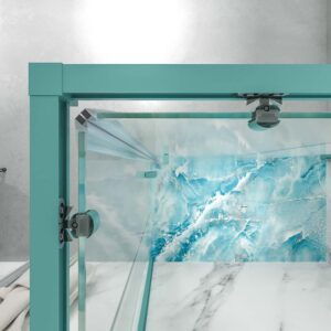 Mampara de ducha rectangular LINEA apertura angular 2 fijos-2 puertas correderas. Sin perfil inferior. Acabado AZUL TURQUESA