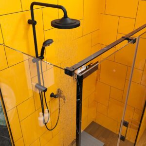 Mampara de ducha rectangular OPEN 2 fijos - 1 puerta abatible a medida. NEGRO MARQUINA