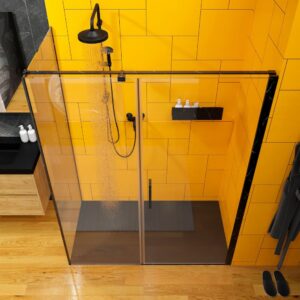 Mampara de ducha rectangular OPEN 2 fijos - 1 puerta abatible a medida. NEGRO MARQUINA