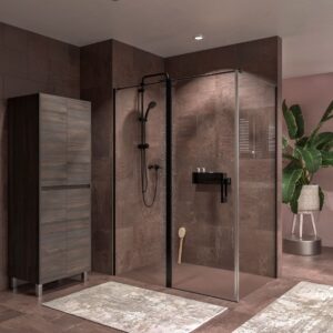 Mampara de ducha rectangular OPEN 2 fijos - 1 puerta abatible a medida. NEGRO MATE