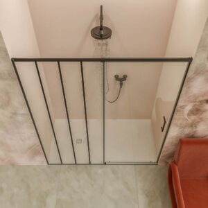Mampara de ducha AXER frontal 1 fijo - 1 puerta corredera vidrio 6 mm. decorado industrial SOHO . Acero inoxidable NEGRO MATE
