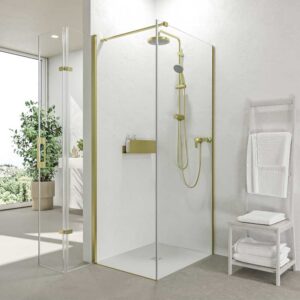 Mampara de ducha rectangular SINTESIS 1 fijo - 1 puerta plegable fabricada a medida . ORO MATE