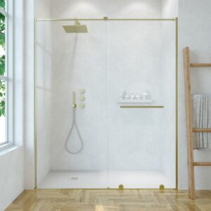 Mampara de ducha VERONA frontal 1 fijo - 1 puerta corredera sin perfil superior. Acabado ORO MATE