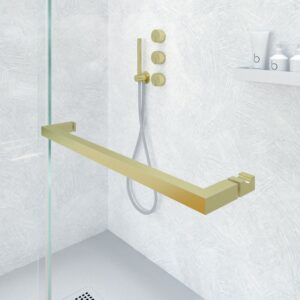 Mampara de ducha VERONA frontal 1 fijo - 1 puerta corredera sin perfil superior. Acabado ORO MATE