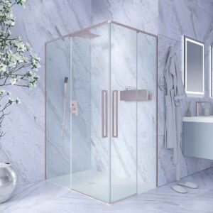 Mampara de ducha PETRA rectangular 2 fijos - 2 puertas correderas vidrio 6 mm. ACERO INOXIDABLE acabado ORO ROSA