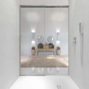 Mampara de ducha TECH STEEL frontal 1 fijo - 1 puerta corredera vidrio 8 mm. ACERO INOXIDABLE