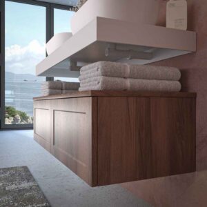 Mueble de baño suspendido 2 cajones BUDGET  con tapa y lavabos HORUS Solid Surface CASTAÑO