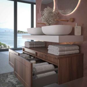Mueble de baño suspendido 2 cajones BUDGET  con tapa y lavabos HORUS Solid Surface CASTAÑO