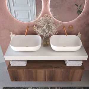 Mueble de baño suspendido 2 cajones BUDGET  con tapa y lavabos HORUS Solid Surface CASTAÑO