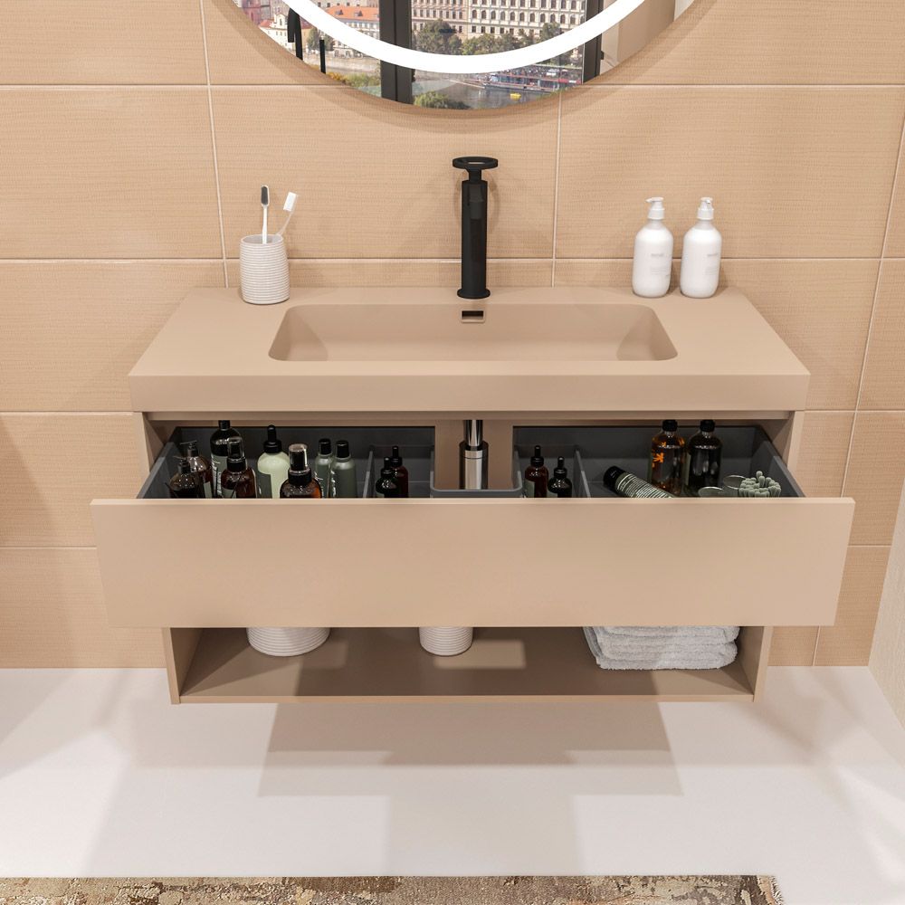 Mueble de baño suspendido 1 cajón / 1 hueco CARMEN con lavabo resina acabado MOKA - Imagen 5