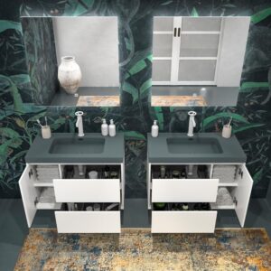 Mueble de baño suspendido 2 cajones / 1 puerta CARMEN con lavabo resina acabado BLANCO