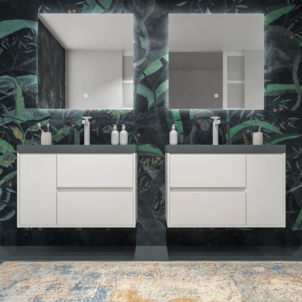 Mueble de baño suspendido 2 cajones / 1 puerta CARMEN con lavabo resina acabado BLANCO