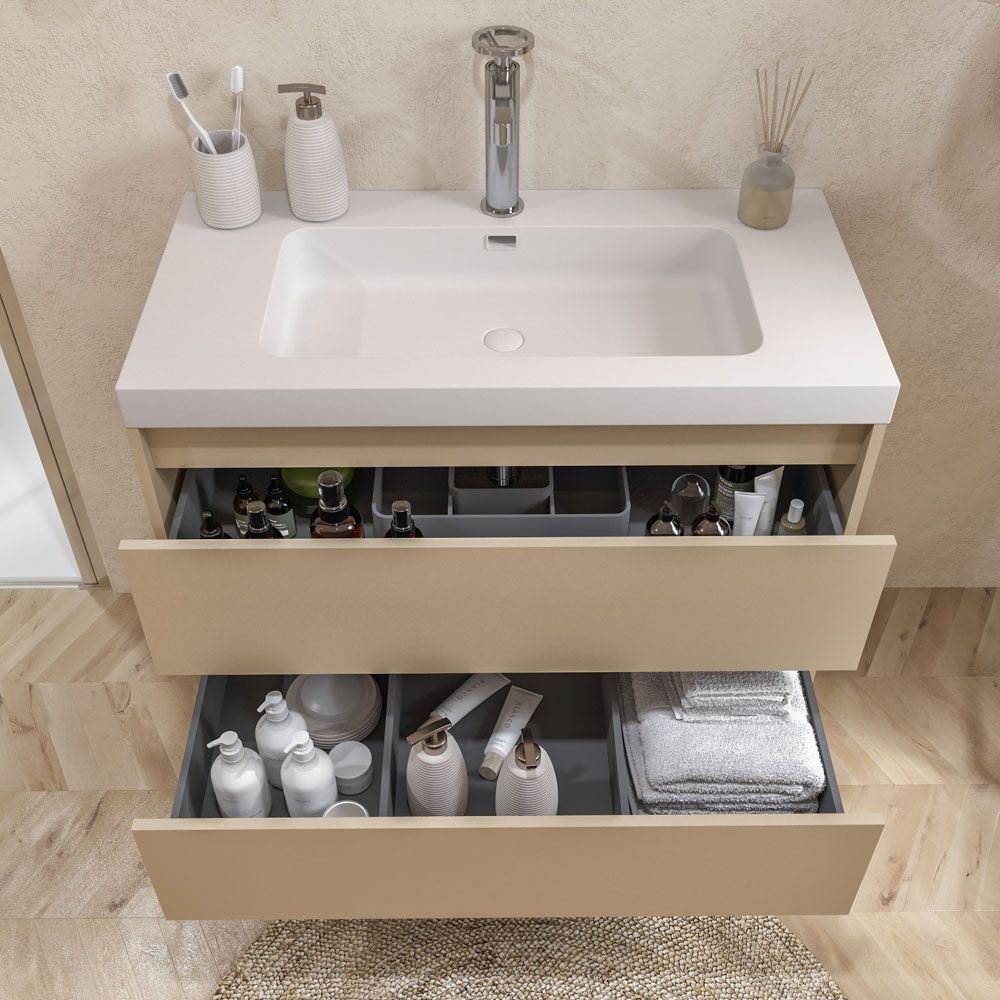 Mueble de baño suspendido 2 cajones CARMEN con lavabo resina acabado MOKA - Imagen 2