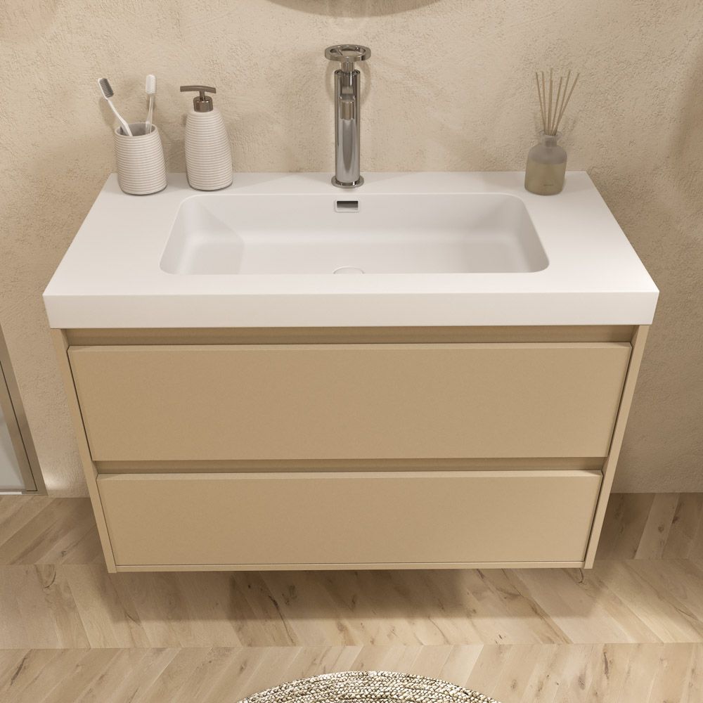 Mueble de baño suspendido 2 cajones CARMEN con lavabo resina acabado MOKA - Imagen 3
